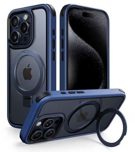 MobNano for iPhone 15 Pro Case with Stand, Compatible with MagSafe, Crystal Clear, Military-Grade Protection, Magnetic Ring Holder & Protective Bumpers, Outdoor Case Cover - Blue/Black