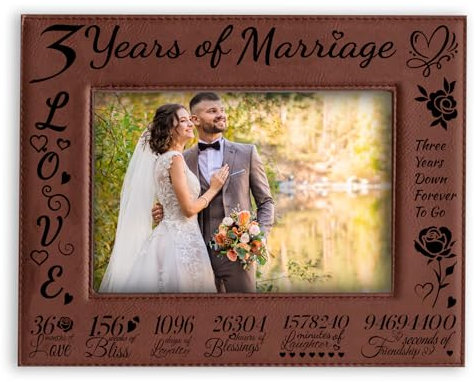 ORIGACH Leder Fotorahmen-3 Years of Marriage- Down Forever to Go, Hanging/Tabletop Bilderrahmen Aus Leder für Geschenk Zum 3. Hochzeitstag, 25x20 cm