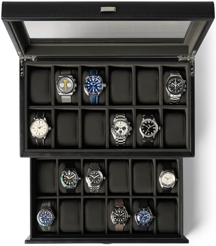 TAWBURY Scatola per orologi da uomo extra large con 24 scomparti elegante pelle sintetica nera design a doppio strato conservazione ottimizzata cassetto rimovibile
