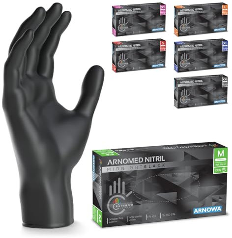 500 Stück (5x100) ARNOMED Einweghandschuhe Schwarz, Einmalhandschuhe M, Nitril Handschuhe Einweg, Nitrilhandschuhe puderfrei, Gummihandschuhe Einweg, Schutzhandschuhe Nitril in XS, S, M, L, XL, XXL