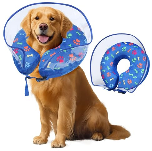Collerette Chien Gonflable, Collerette Chien Anti Lechage, Collier de Protection pour Chiens et Chats, Collier Amovible de Récupération Chat Cône de Cicatrisation (Bleu, M)