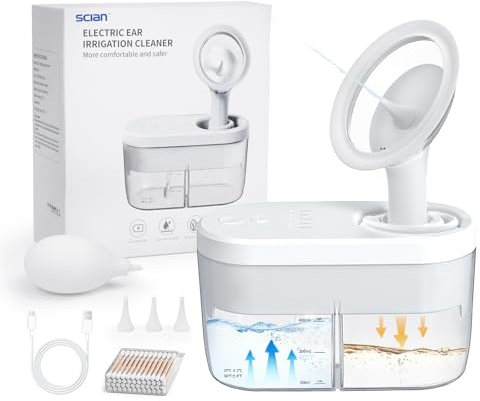Scian Electric Ear Wax Removal Kit, Ear Irrigation Cleaner Tool, Safe and Effective Earwax Removal Kit with 4 Cleaning Modes for Adult Kid Family, White Ear Cleaning Kit with Automatic Sewage System