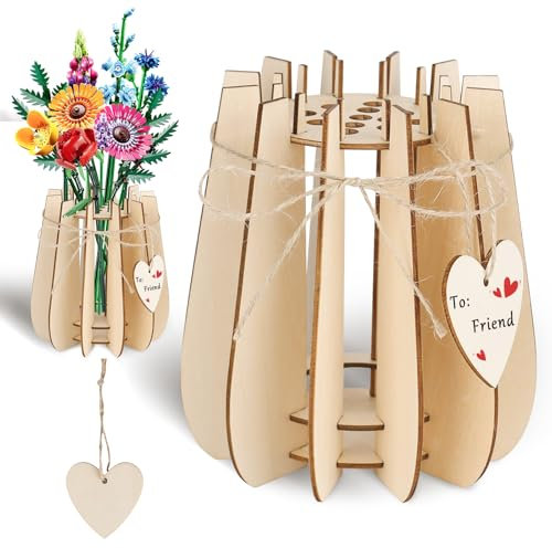 Vaso per fiori Lego, set di vasi di fiori in legno, puzzle in legno, vaso di fiori per bouquet di lego, supporto per rose lego, piante e fiori, viene fornito con un biglietto d'amore