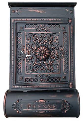 Stelling Vintage Briefkasten mit Zeitungsfach und Sichtfenster - Wetterfester Postkasten Anthrazit - Unikat Wandbriefkasten aus Aluminiumguss - Antike Briefkästen Retro (Schwarz- Kupfer)