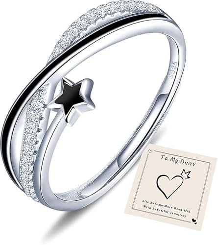 HEEYA Ringe für Damen Sternring Silber 925 Plattiert Ringe mit Stern Zirkonia Offen Verstellbare Fingerring Hypoallergen Daumenringe Unisex Schmuck mit Geschenkbox - Schwarz