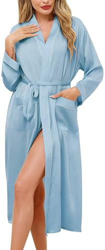 Sopesil Accappatoio da Donna Elegante Kimono Donna Accappatoio Lungo con Cintura e Tasche Adatto per Casa Spa Bagno Blu chiaro M
