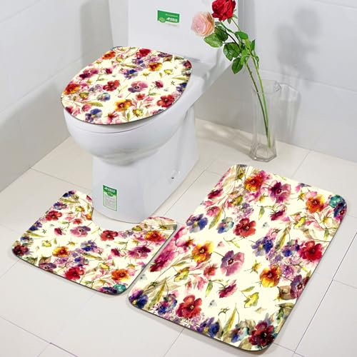 FEHWI Badezimmerteppich 3 Teil Mikrofaser -Saugbad Teppichpolster für Dusche,Badewanne und Toilette,Maschine waschbar,Kunst, schöner Kranz mit violettem Playboy und Schmetterling, handgezeichnete Aq