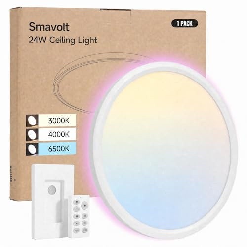Smavolt LED Deckenleuchte, 24W Deckenlampe Flach Dimmbar mit Fernbedienung, 3 Farben - 3000K/4000K/6500K, RGB Farbwechsel, Deckenlampe Rund Badlampe für Bad Kinderzimmer Schlafzimmer Wohnzimmer Küche