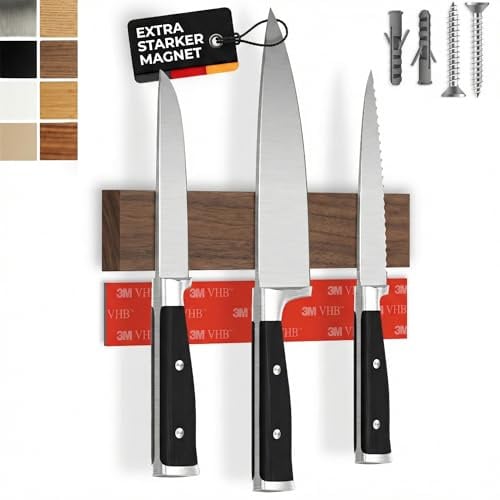 CUCINO Messer Magnetleiste selbstklebend - Vergleichssieger mit extra starkem Magnet - Einfache Montage mit 3M Klebeband ohne Bohren, Walnuss 25cm