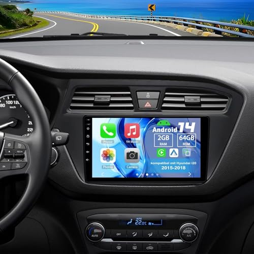 Slakerbe Android 15 Autoradio 2 Din mit Carplay Android Auto kompatibel mit Hyundai i20 2015-2018, 2G+64G 9 Zoll Auto Radio Stereo mit Bluetooth Navi WiFi FM RDS Rückfahrkamera Mic