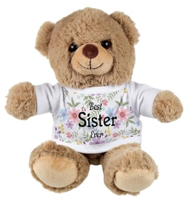 Purely Home Best Sister Teddy Bear - Small Plush Bear for Best Ever Sisters - Light Brown Stuffed Animal with Floral Print T-Shirt