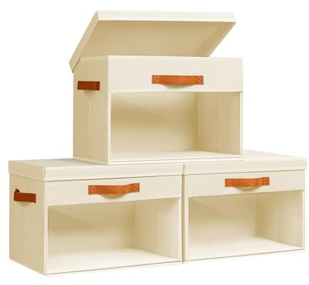 Homsorout 3 Pack Fabric Storage Boxes with Lids & Clear Windows Beige 22L | Wardrobe Organiser with Handles, Foldable Baskets Bins for Clothes, Blankets, Sheets, Toys, Books on Office, Shelves, Bedroom