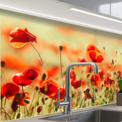 KitchenYeah© Splashback for Kitchen self Adhesive Sink Splash Splatter | 24x32 / 60x80 cm - Guard Backsplash Decor Poppies - Flowers - Red - Flower field