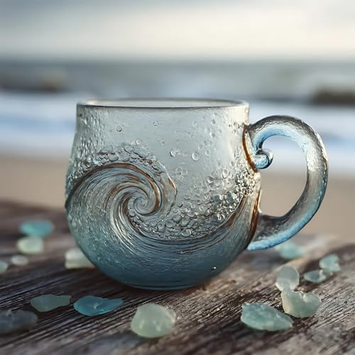 zhongko Sea Glass Wave Mug, 12 Oz Glass Mug with Handle, Sea Glass Gifts, Unique Sea-Inspired Drinking Vessel for Beach Lovers, Artistic Wave Design Mug for Coffee and Drinks