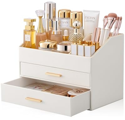 Lolalet Makeup Organizer for Vanity Desk, 3-Layer PU Leather Luxury Make Up Storage Cosmetics Holder Box with Drawers -Cream