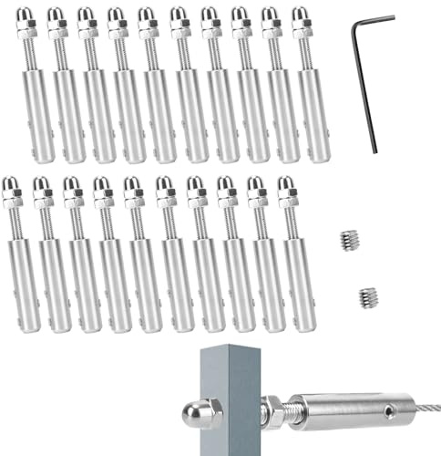 STFALI 20 Pièces Tendeur Cable Inox Pour Cable Inox 5mm, pour Les Installations De Clôtures Ou Rambardes, Livré Avec Une Clé En Forme De L Et Deux Vis De Rechange