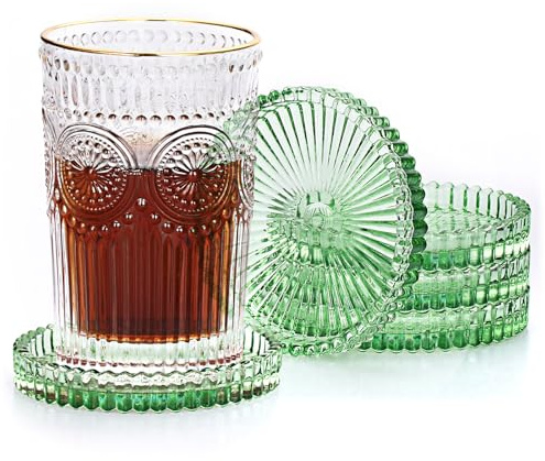 OLegei Set of 5 Glass Drinks Coasters, CoffeeTable Cup Mat with Lip, Green