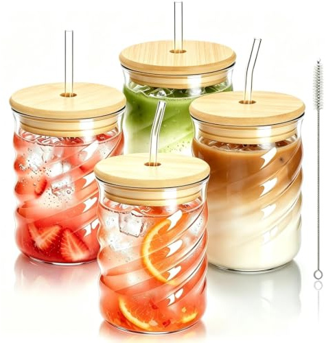 SILRIVES Glasbecher mit Deckel und Strohhalm 350ml 4er Set Borosilikatglas | nkl.4 Bambusdeckel & Glasstrohhalme, gerippt, spülmaschinenfest, für Eiskaffee, Matcha Latte, Frappe, Bubbletea & To-Go