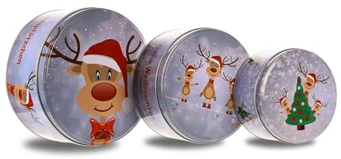 Bada Bing 3er Set Keksdose Rentier aus Metall mit Deckel - runde Plätzchendose Rudolph Rentier - Dekorative Kinder Weihnachtsplätzchen Aufbewahrungsbox von Gebäck - Weihnachtsdose