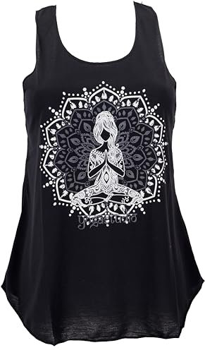 GURU SHOP Retro Art Tanktop mit Ethnodruck - Yogi Schwarz, Damen, Synthetisch