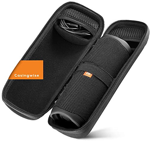 Casingwise Funda para Altavoces JBL Flip 5 / Funda para Altavoces Bluetooth con Compartimento de Viaje para Cables y Accesorios/Funda rígida para JBL Box con Correa Negra