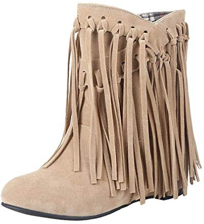 MISSUIT Damen Flache Stiefeletten mit Fransen Ankle Boots Retro Herbst Winter Schuhe(Beige,35)