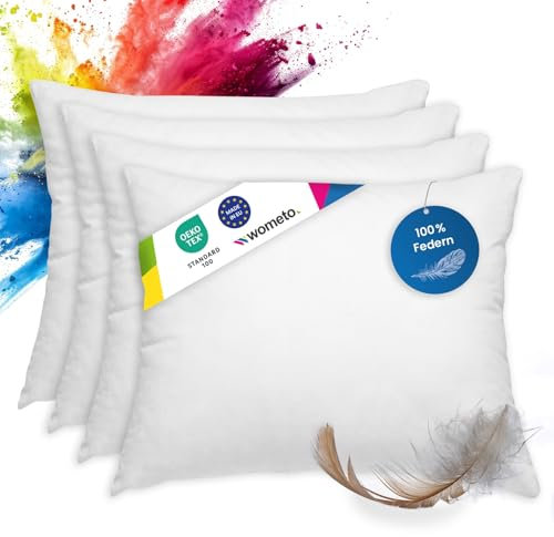 wometo 4er Set Federkissen 100% Federn 40x50-450 g Oeko-TEX Sofakissen Kissen Füllkissen Bezug Baumwolle weiß/Innenkissen/Kissenfüllung/kleine Kopfkissen (4 Stück)