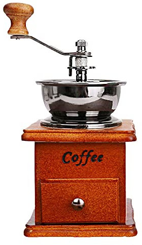 ANCLLO Manual Coffee Grinder, Coffee Mill Grinder, Coffee Bean Grinder Vintage Antique Wooden Hand Grinder with Adjustable Gear Setting and Ceramic Conical Burr