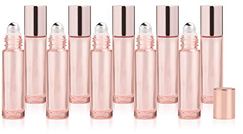 USRommaner 10ml Pink Glass Roll On Bottles,Empty Essential Oil Glass Roller Bottle With Stainless Steel Roller Balls,Rose Golden Cover Perfume Travel Roll-On Vial Lip gloss Tube Container-10 Pack
