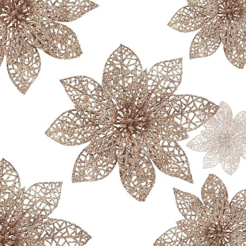 YYCRAFT Glitzer-Blumen, 15,2 cm, für Weihnachtsbaumschmuck, Weihnachtsdekoration, Champagnerfarben, 24 Stück