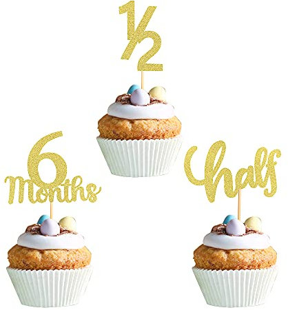 24 Stück Glitzer 6 Monate Cupcake Topper Sparkly Halbjahr Geburtstag 1/2 Geburtstagstorte Topper 6 Monate Geburtstagstorte Dekoration Partybedarf (Gold)