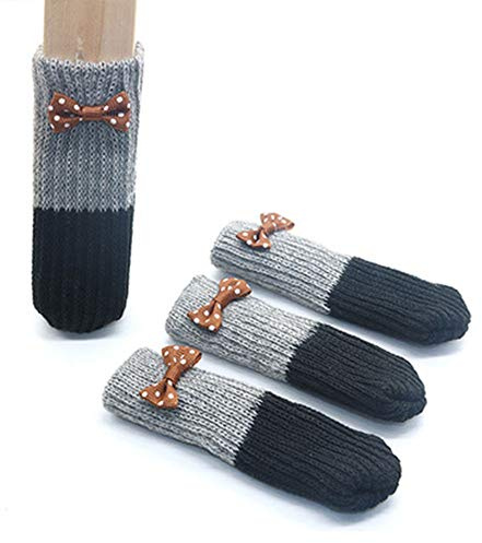24 Stück Stuhlsocken, hochelastische Bodenschoner, Stuhlbeine, Bodenschoner, rutschfeste Stuhlfüße, Socken für Tisch, Stühle, Schreibtische, Hausstühle (grau-schwarze Schleife)