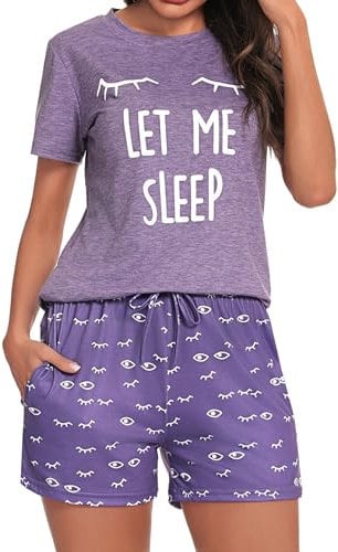 Uniexcosm Women's Pyjama Sets Summer Pyjamas Short Sleeve Cute Printed Top and Pants Ladies Cotton Pyjamas with Pockets Drawstring Pjs Sets Sleepwear Nightwear Loungewear for Women A-Purple M