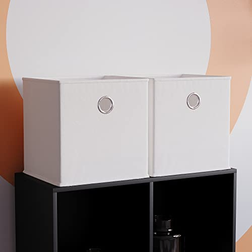 Vida Designs Durham Foldable Storage Cube Baskets Fabric Box With Metal Easy Access Handle Home Organiser (2 Pack, White)