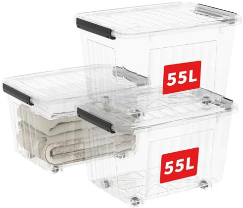 Cetomo 55L*3 Storage Boxes with Wheels, Plastic Storage Bins with Lids, Latching Buckles, Click Closure, Stackable, Nestable, Organizer for Home Office Clothes, Clear, 55L-3 Pack