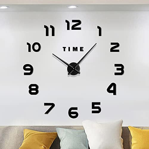 Meyiert Modern DIY Frameless Mute Large Wall Clock 3D Mirror Sticker Metal Big Watches Wall Clock for living Room Kitchen Home Office Bedroom School Decoration (Black)