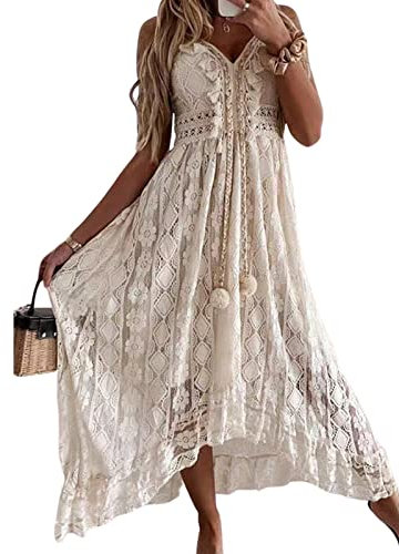 CUPSHE Damen Sommerkleid V Ausschnitt Floral Spitze Quasten Spaghetti Trägerkleid Freizeitkleider Hi-Low Party Boho Beach Maxi Dress Beige S