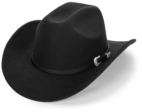 HilyBony Western-Cowboyhut für Damen und Herren, klassischer Fedora-Hut mit breiter Krempe und Schnallengürtel, Schwarz , L
