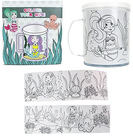 Trinkbecher zum selber bemalen für Kinder - 300 ml, Kindertasse zum selbst bemalen, Kindergeburtstag Gastgeschenk, Mehrwegbecher, Kindertasse zum ausmalen (Meerjungfrau)