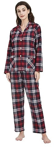 Amaxer Ensemble de Pyjamas Chauds en Flanelle pour Femmes 100% Coton Ensembles de Pyjamas d'automne et d'hiver, Carreaux Rouges et Bleus avec Fil Blanc, M