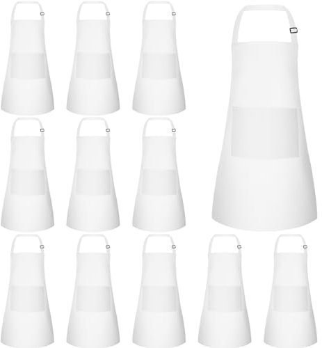 BOUBONI Lot de 12 tabliers réglables pour enfants avec 2 poches - Tablier de chef artistique pour la cuisine, la pâtisserie, la peinture, les travaux manuels, les grillades (blanc)