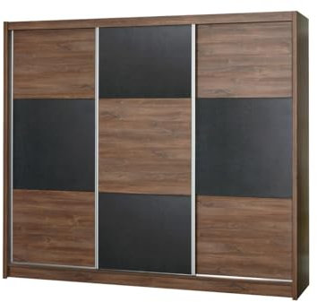 BETTSO-Schwebetürenschrank Großer Kleiderschrank mit Schiebetüren, vielen Einlegeböden, Kleiderstange im modischen Quadratmuster-BAROCO 250 (Eiche Sterling + Braun Beton)