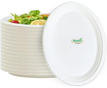 Super Rigid Disposable Round Paper Plates Extra Strength White Bagasse Plates 100% Compostable Sugarcane Plates for Family events Schools Office BBQs Picnics Party Dishware Plates – 9 inch - 50 Pack