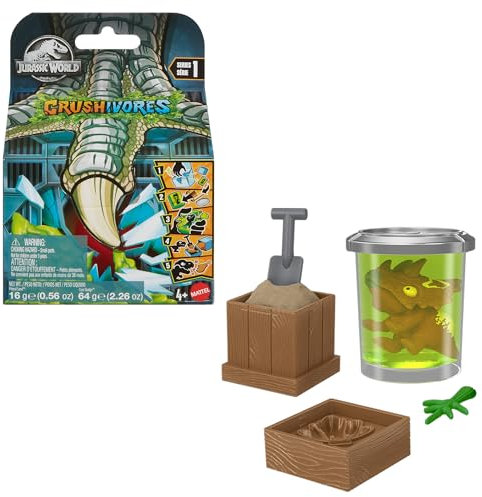 Mattel Jurassic World Crushivores Mini-Dinosaurier zum Auspacken, Spielfigur in Packung mit viel Zubehör und Überraschungen, Fütterspaß, HVB29