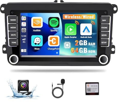 CAMECHO 2GB+64GB Android 13 Autoradio für VW Golf 5 6 Polo T5 Tiguan Seat Wireless Apple Carplay Android Auto, 7” Bildschirm AutoRadio with Bluetooth GPS FM HiFi WiFi SWC+ Rückfahrkamera+ MIC