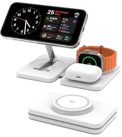 GEEKERA Charger for MagSafe, 3 in 1 Wireless Charging Station for iPhone 16/15/14/13/12/Pro Max, Magnetic Charger Stand for Apple Watch Ultra-2, Multi Travel Charging Dock for AirPods Pro 2-2-White
