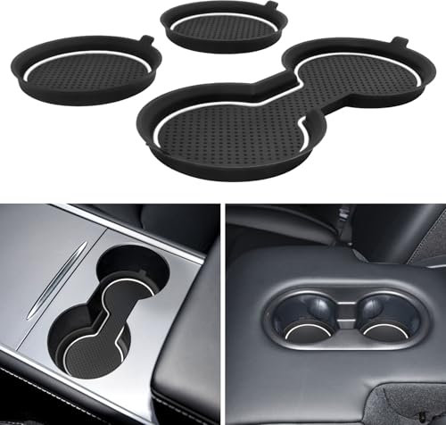 KENTUTO for Tesla Model 3 Accessories 2021-2023 Model Y 2021-2024 Cup Holder Inserts Center Console Liner Coasters Mat Pad Interior Decoration 3D Silicone (White Trim, 3 pcs)