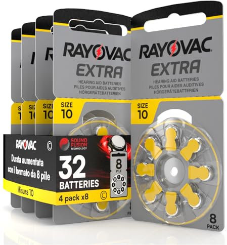 32 Batterie per Apparecchi Acustici Rayovac Extra Misura 10-4 Blister da 8 Pile