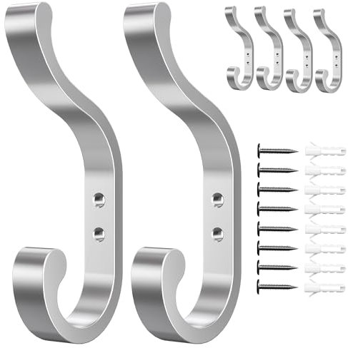 Silver Coat Hooks for Wall Hanging - Wall Mount, Heavy Duty, Rustic Metal Hooks, Chrome Finish, Towel, Hat, Keys, Decorative