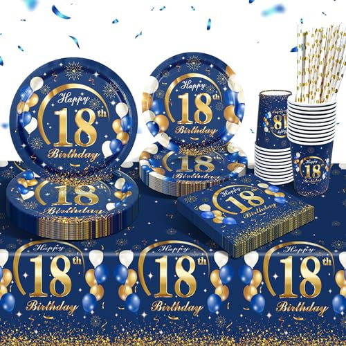 WINFLUENCE Juego de vajilla para fiesta de 18 cumpleaños, platos desechables azules de 7 pulgadas, servilletas de plástico, juego de vajilla para fiestas para niños y niñas, decoración de cumpleaños